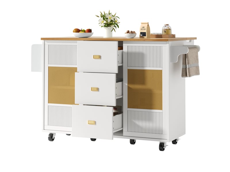 Îlot de cuisine 146,85x70x90 cm avec roulettes, tiroirs, portes coulissantes, mdf métal blanc - Conforama B