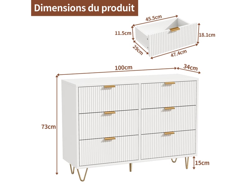  Commode 6 tiroirs 100 cm, commode chambre meuble de rangement moderne avec poignées et pieds dorés  - Conforama C