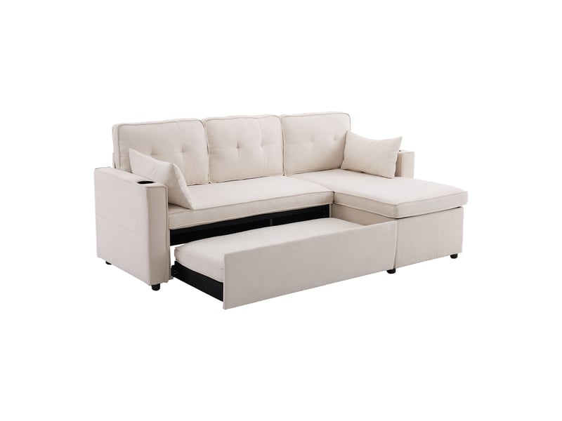 Canapé d’angle convertible en l 3 places avec méridienne réversible, fonction lit, coffre de rangement, porte-gobelets, poches latérales et 2 coussins - beige - Conforama A