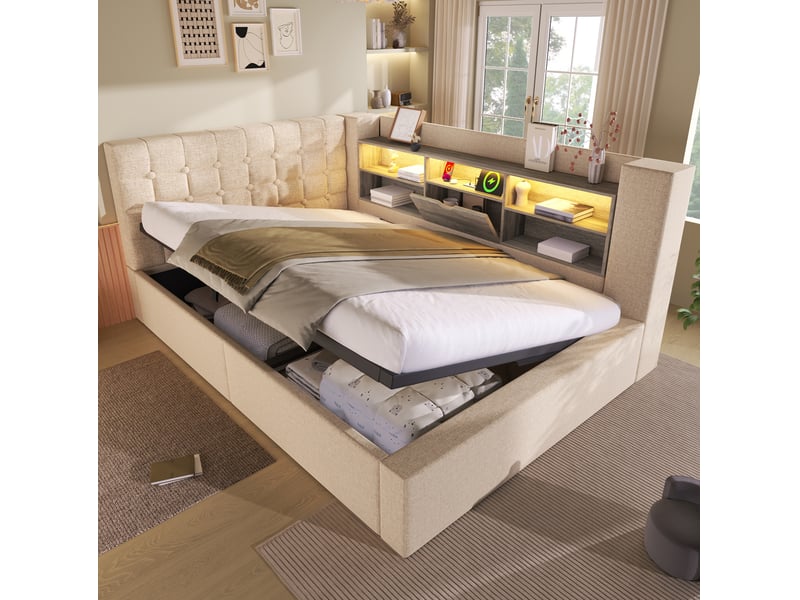  Lit double 140x190 cm avec rangement hydraulique, led et tête de lit en lin beige  - Conforama D