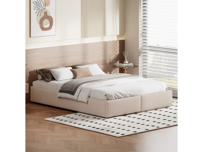 Lit 140 x 200 cm rembourré avec coffre de rangement et 2 tiroirs, lit double hydraulique sans tête de lit, revêtement en lin, beige, sans matelas - Conforama W
