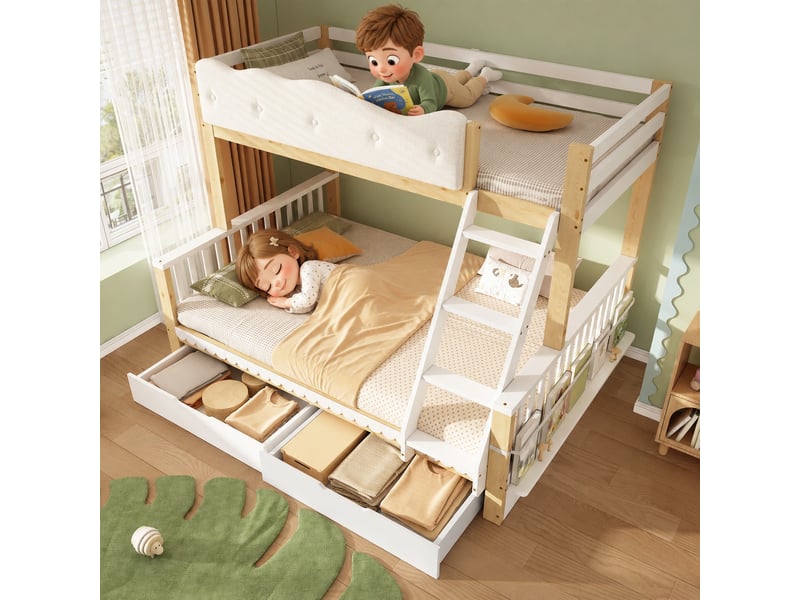  Lit superposé enfant 90x200140x200 cm bois blanc et chêne avec tiroirs rangement evarich - Conforama D