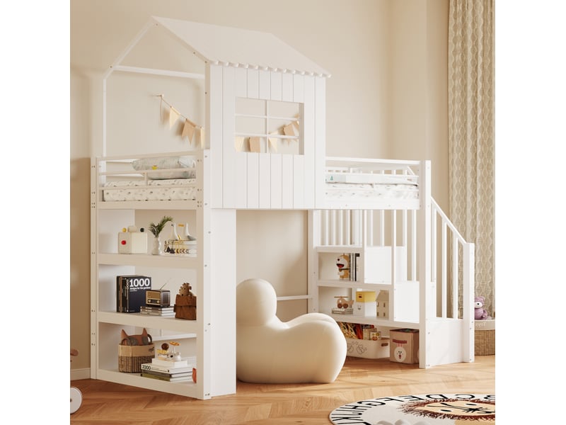  Lit mezzanine enfant 90 x 200 cm avec escalier réversible et rangements, blanc  - Conforama E