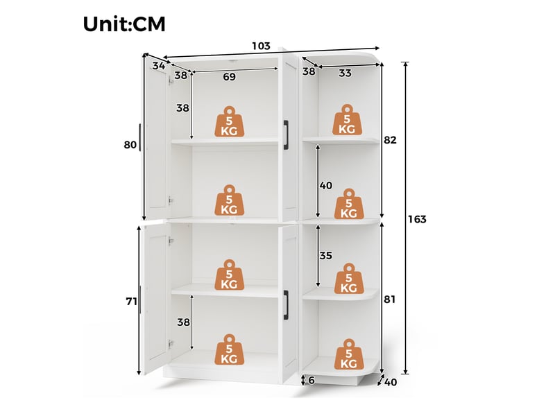  Buffet de cuisine grand volume 103x40x163 cm, meuble haut blanc 4 portes et 4 rangements ouverts, idéal stockage vaisselle et décoration, mdf  - Conforama C