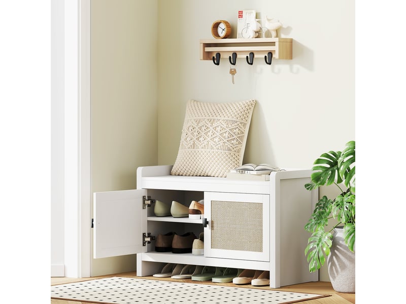  Banc à chaussures avec portes avant en rotin et étagère coulissante pour entrée ou chambre, 80 x 35 x 52 cm, blanc et beige  - Conforama C