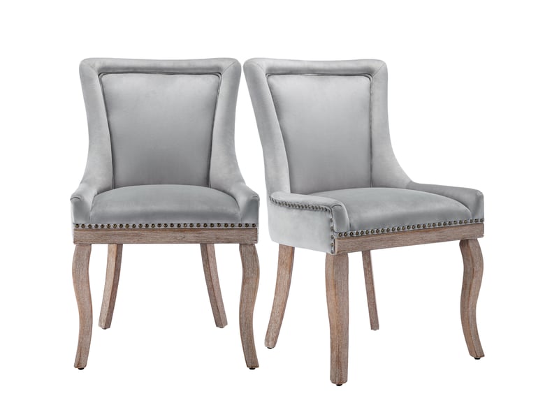  Lot de 2 chaises de salle à manger 55x61x91 cm gris en velours, dossier incurvé et pieds en bois  - Conforama A