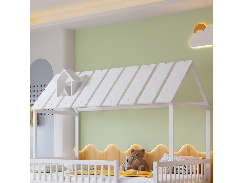  Lit maison enfant 120x200 ou 190cm blanc avec lit gigogne, toit et cheminée, barrière 3 côtés  - Conforama C