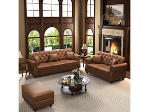 Canapé chesterfield 3 places + 3 poufs en simili cuir marron, 210 cm