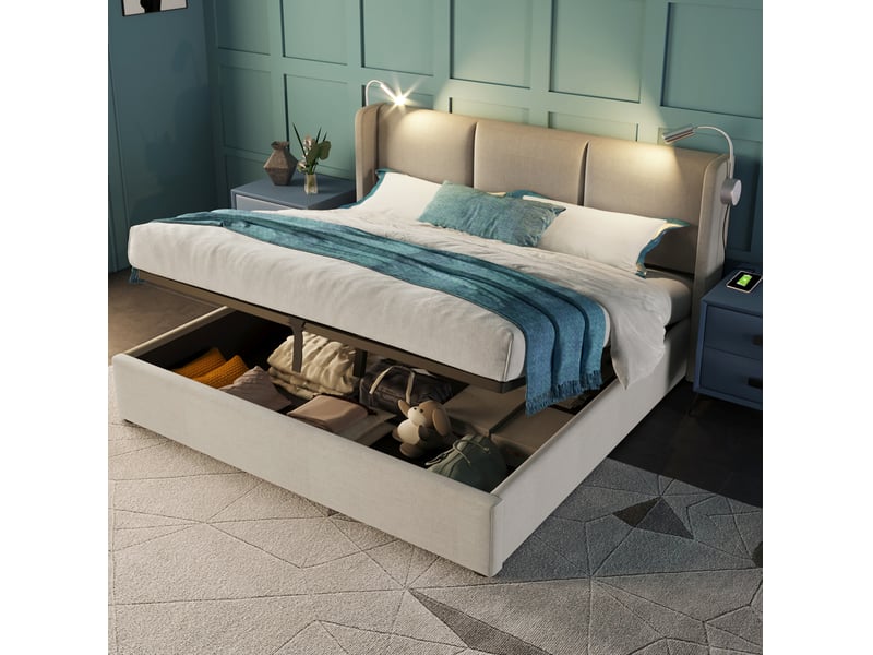  Modenvie lit coffre 140x200 cm - avec rangement, liseuse et ports usb, matelas inclus - beige  - Conforama B