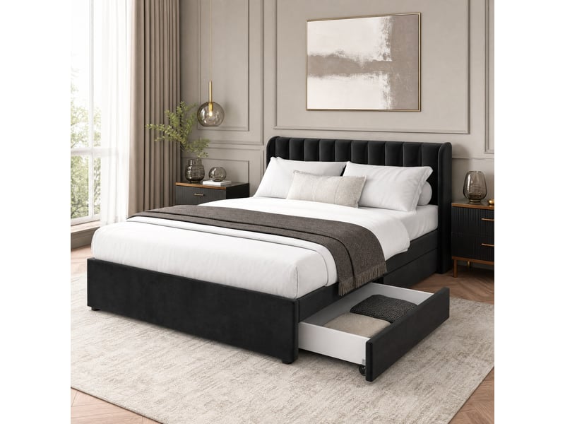  Lit rembourré tcqpz 160 x 200 cm en velours noir avec sommier à lattes 2 tiroirs  - Conforama B