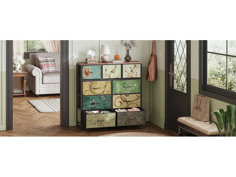 Meuble de rangement 9 tiroirs à motifs rétro - 100x30x100 cm - cadre en acier robuste - commode, buffet pour salon et chambre  - Conforama E