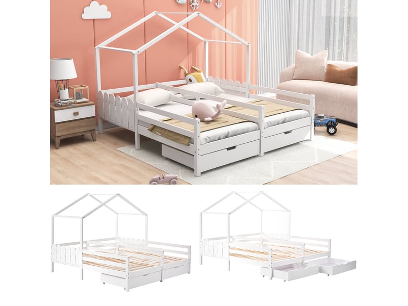 Lit cabane enfant 90x200 cm – blanc – double couchage séparé, 2 tiroirs mdf à roulettes - sans matelas - Conforama E
