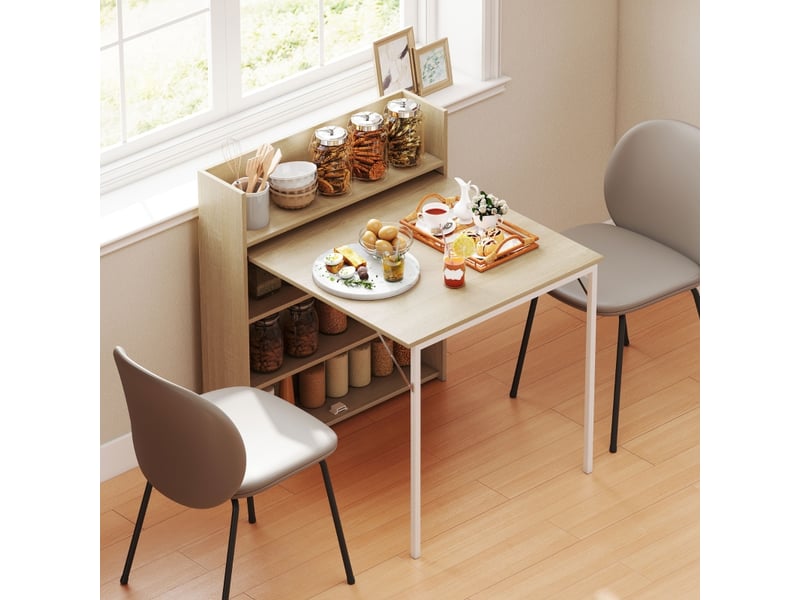 Table extensible avec 3 étagères et plateau rabattable, style industriel, pour cuisine et salle à manger, chêne - Conforama C