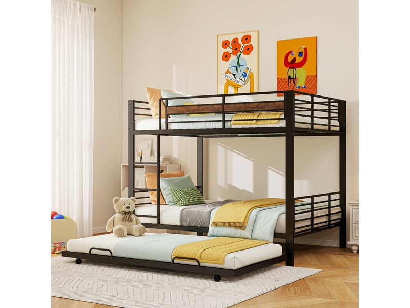  Lit superposé 140x200 avec lit gigogne, métal noir, barrière et échelle  - Conforama B