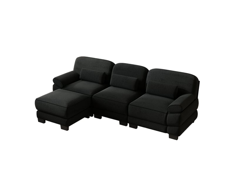  Canapé d'angle modulable 3 places 265x161x94 cm avec pouf en velours côtelé noir  - Conforama A