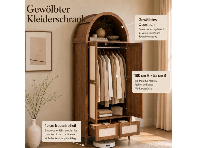 Armoire à vêtements 2 portes avec tringle, 2 tiroirs, niche ouverte, effet rotin, noyer et beige - Conforama D