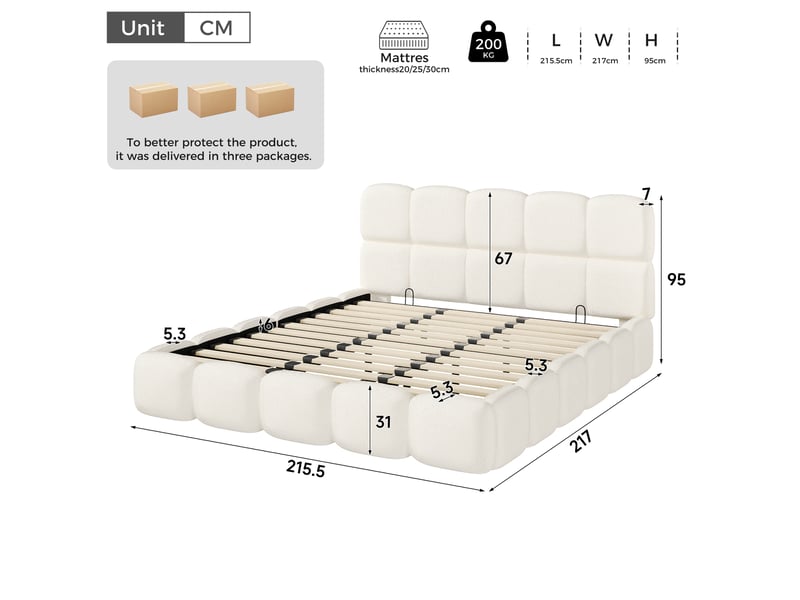  Lit coffre 200x200 cm, levage hydraulique, grand rangement, tête capitonnée, sommier à lattes, bouclette, blanc  - Conforama C