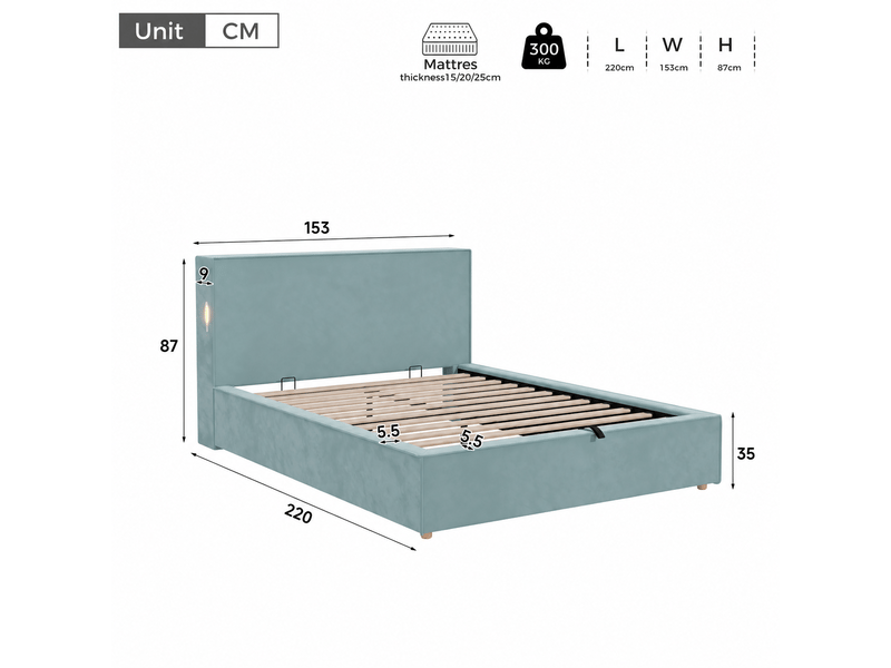  Lit coffre double 140 x 200 cm, lit rembourré avec usb et anti-glissement, structure stable, velours, bleu Morn Vibe - Conforama C
