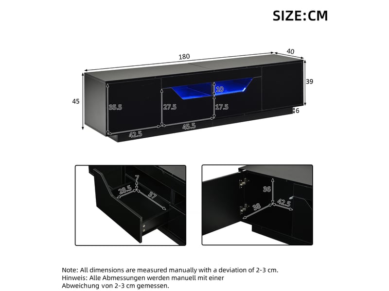 Meuble tv led avec 2 portes, 2 tiroirs et 2 niches semi-ouvertes, finition brillante, pour salon, 180 × 40 × 45 cm - Conforama E
