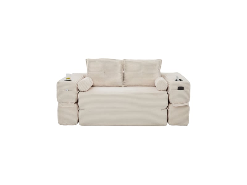  Canapé convertible 2 places modenvie en velours côtelé beige avec coffre de rangement, porte-gobelet et coussins mémoire 180 x 98 cm  - Conforama A
