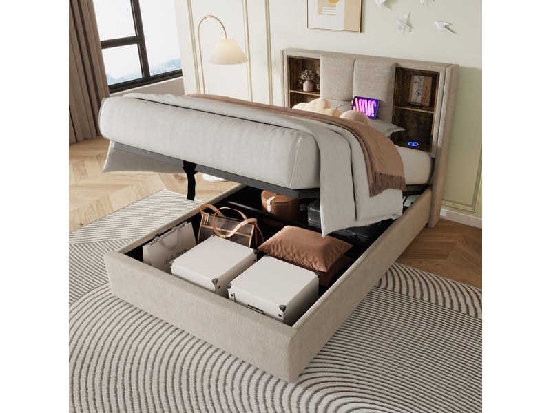  Lit enfant 90x200 cm avec recharge usb-c, lit simple avec sommier à lattes en bois, couleur naturelle, lit avec matelas  - Conforama E