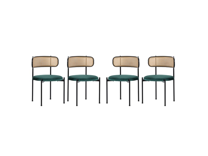  Lot de 4 chaises de salle à manger en velours vert avec dossier en rotin et pieds en métal  - Conforama A