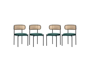 Lot de 4 chaises de salle à manger en velours vert avec dossier en rotin et pieds en métal