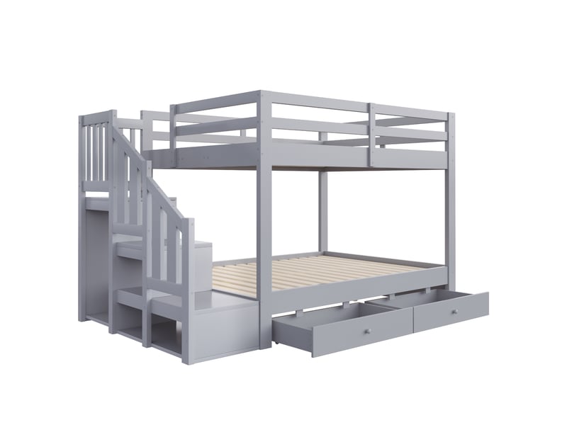  Lit superposé en bois massif 140 x 200 cm – avec escalier de rangement, barrières de sécurité et 2 tiroirs – gris (matelas non inclus)  - Conforama W