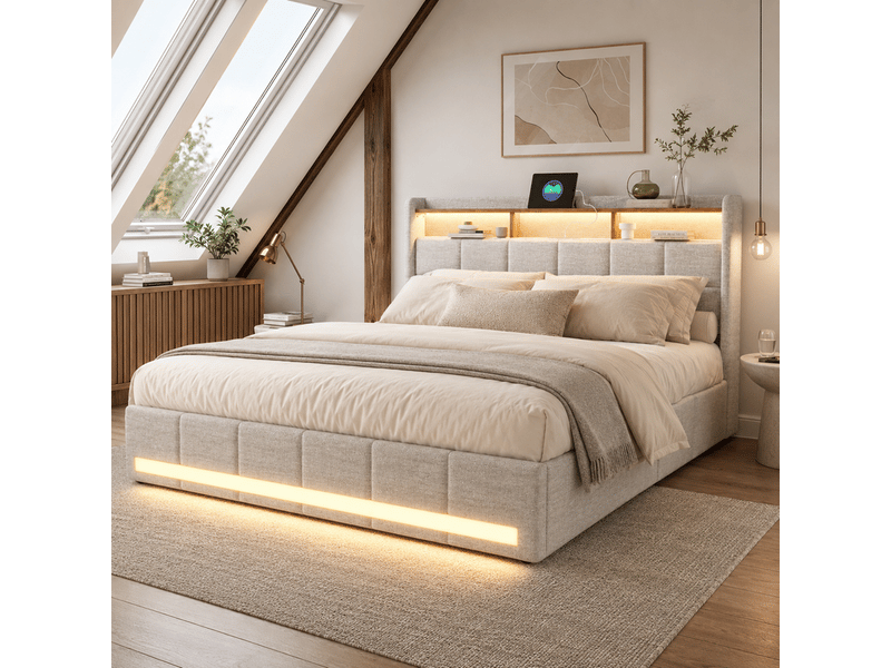  Lit double 180x200 avec rangement, lit 2 personnes led avec prise et 4 tiroirs cadre de lit rembourré avec tête de lit capitonnée pour adultes et adolescents lin beige, sans matelas  - Conforama B