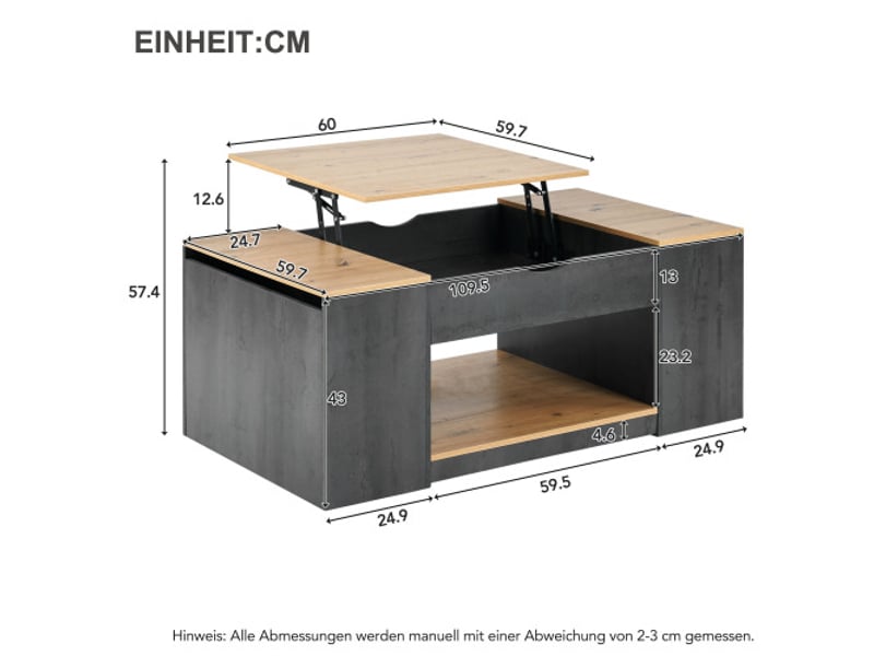  Table basse moderne à fonction relevable 109,5 cm | structure grise et rangement sous le plateau  - Conforama D