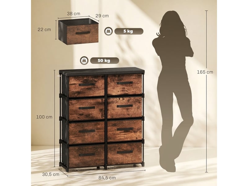  Commode en tissu 8 tiroirs avec porte-manteau, style industriel marron rustique, meuble de rangement 100 cm  - Conforama C