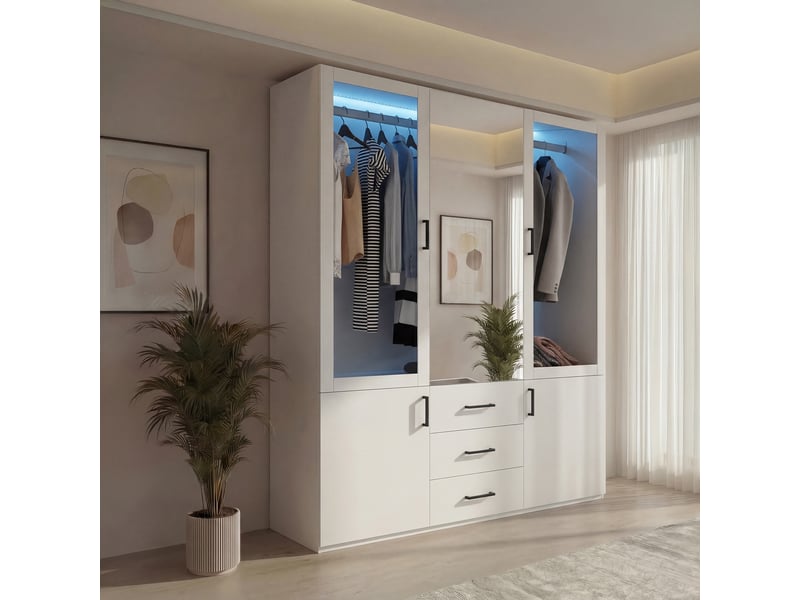  Armoire de chambre - 130x51,8x181,5cm - meuble de rangement avec 3 portes, miroir central et éclairage led - blanc  - Conforama B