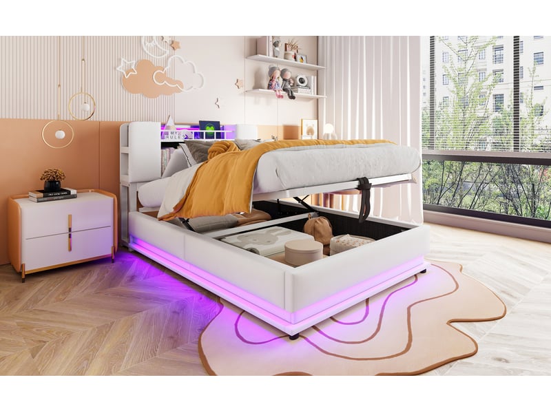  Lit enfant capitonné 90x200 cm beige velours avec éclairage led port usb et coffre hydraulique cadre métallique Sol Morn - Conforama E