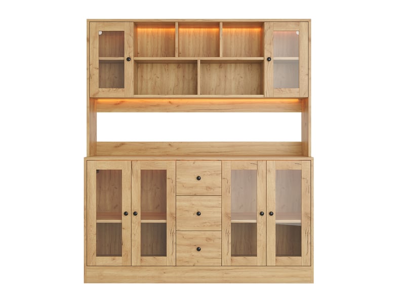  Armoire de cuisine vitrine 150x40x173 cm - 6 portes en acrylique - 3 tiroirs - led et prises - mdf - bois naturel  - Conforama A