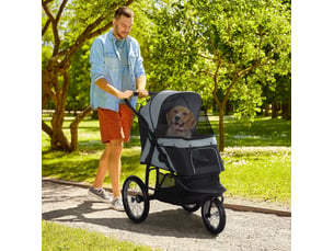 Poussette pliable 111 x 58 x 107 cm – grise – 3 roues tout-terrain, frein, réflecteurs et rangement pratique