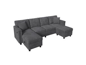 Canapé modulable gris en tissu chenille avec 2 poufs de rangement