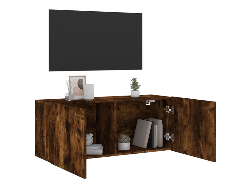  Meuble tv - banc tv - meuble de rangement mural chêne fumé 100x30x41 cm  - Conforama D