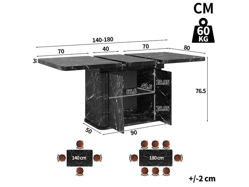  Table à manger extensible 140-180x80x76.5 cm effet marbre noir avec rangement  - Conforama C