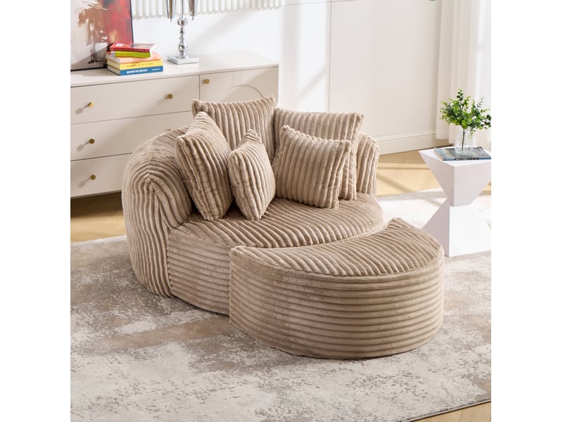  Fauteuil avec pouf 2 places, dossier enveloppant et 5 coussins en velours côtelé camel et marron  - Conforama B