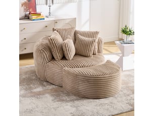 Fauteuil avec pouf 2 places, dossier enveloppant et 5 coussins en velours côtelé camel et marron