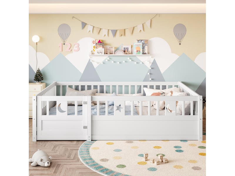  Lit enfant 140x190 cm barrières verrouillables serrure sécurité motifs étoile lune pin blanc sans matelas  - Conforama W