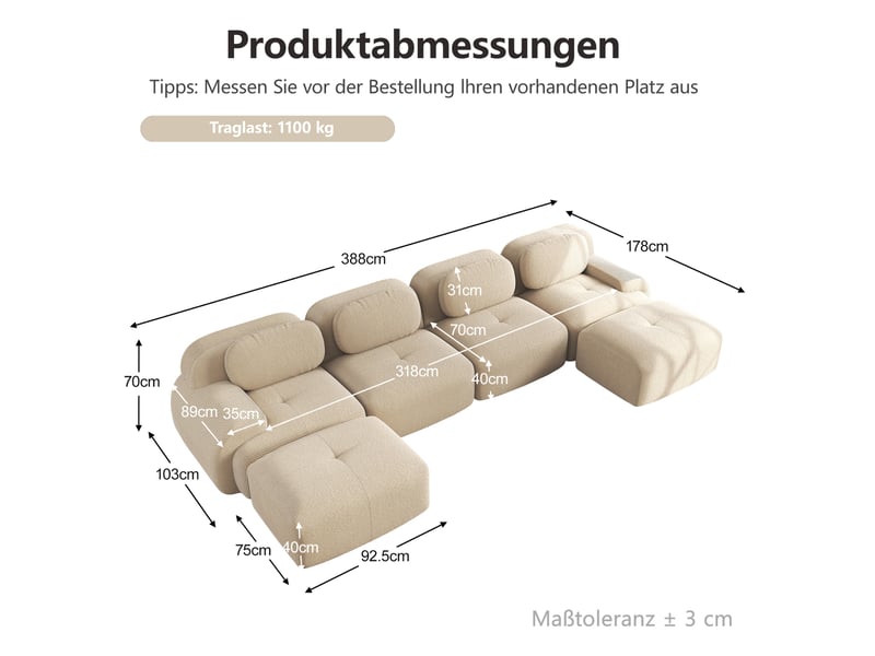  Canapé modulable en u modenvie 4 places 388 x 178 cm sans cadre en velours côtelé beige  - Conforama C