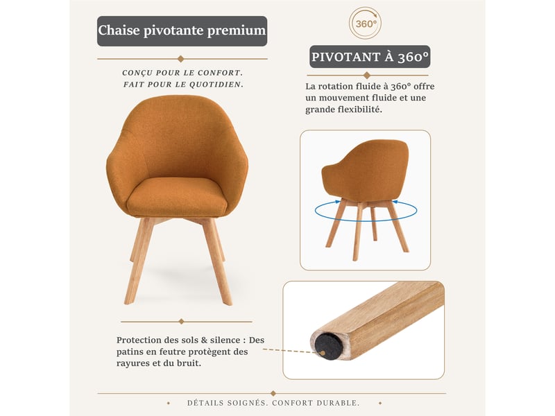 Lot de 4 chaises de salle à manger pivotantes à 360° – tissu effet lin respirant, pieds en bois massif - orange  - Conforama R