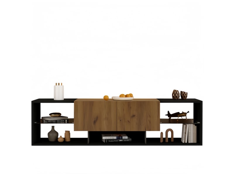 Meuble TV à 3 niveaux 160 cm, avec cloisons en verre et 2 tiroirs de rangement pour téléviseurs jusqu'à 70 pouces, bois foncé  - Conforama A