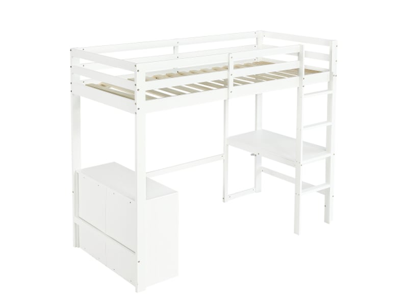  Lit mezzanine 90x200 cm, lit enfant avec bureau, 3 tiroirs, étagère, escalier, en mdf, blanc, sans matelas  - Conforama D