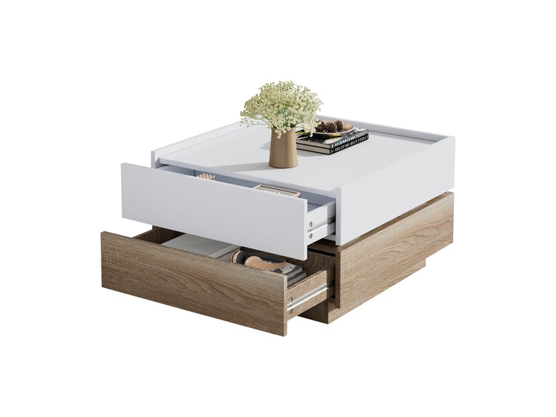  Table basse pivotante à 360 degrés, table de salon carrée avec rangement, 60x60x38 cm, panneaux de particules, blanc et noyer  - Conforama A