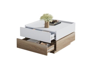 Table basse pivotante à 360 degrés, table de salon carrée avec rangement, 60x60x38 cm, panneaux de particules, blanc et noyer