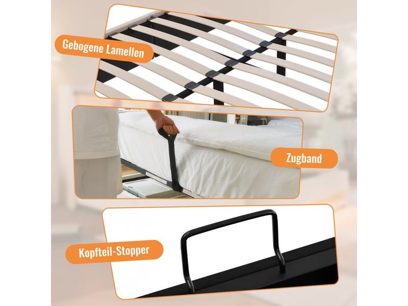  Lit rembourré - 160x200 cm - beige - lin - station de charge usb - porte-gobelet caché  - Conforama C