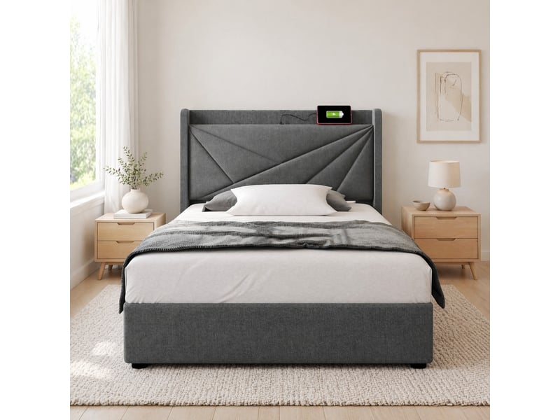  Lit coffre gris en coton et lin, lit simple avec usb, type-c et matelas à ressorts inclus, 90×200 cm  - Conforama B