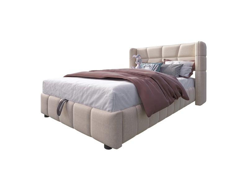  Lit enfant simple 90×200 cm avec coffre relevable, tête rembourrée - okmyhome- tissu beige, sans matelas  - Conforama A